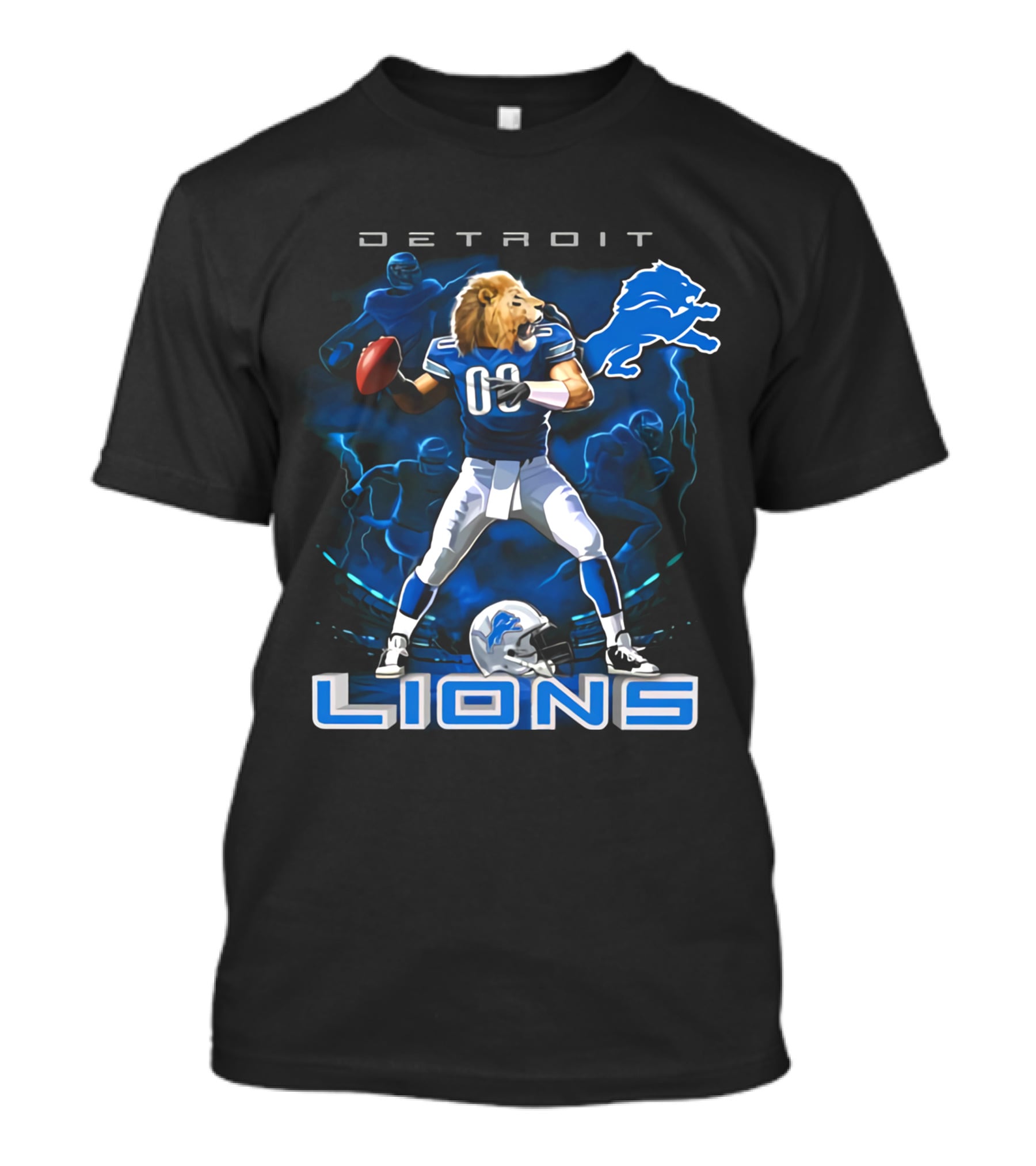 Detroit Lions Lion-Headed Quarterback Action Fantasy Scene T-Shirt