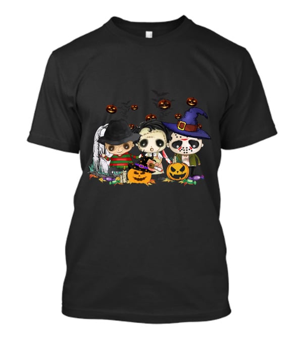 Halloween Horror Icons Trio With Jack-O'-Lanterns And Candy T-Shirt
