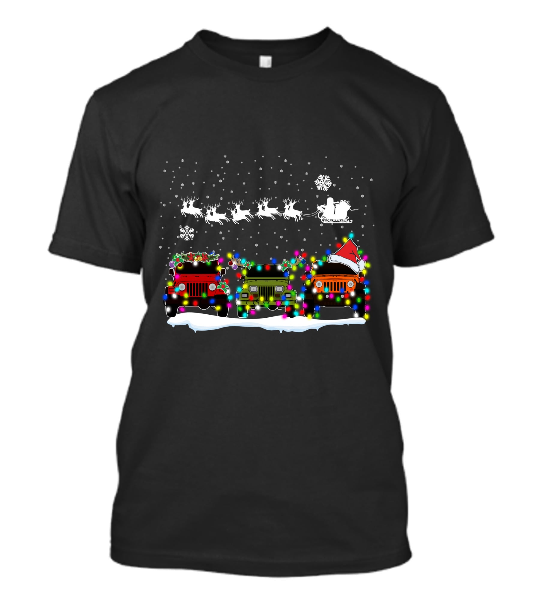 Christmas Jeep Lights With Santa Sleigh And Snowflakes T-Shirt