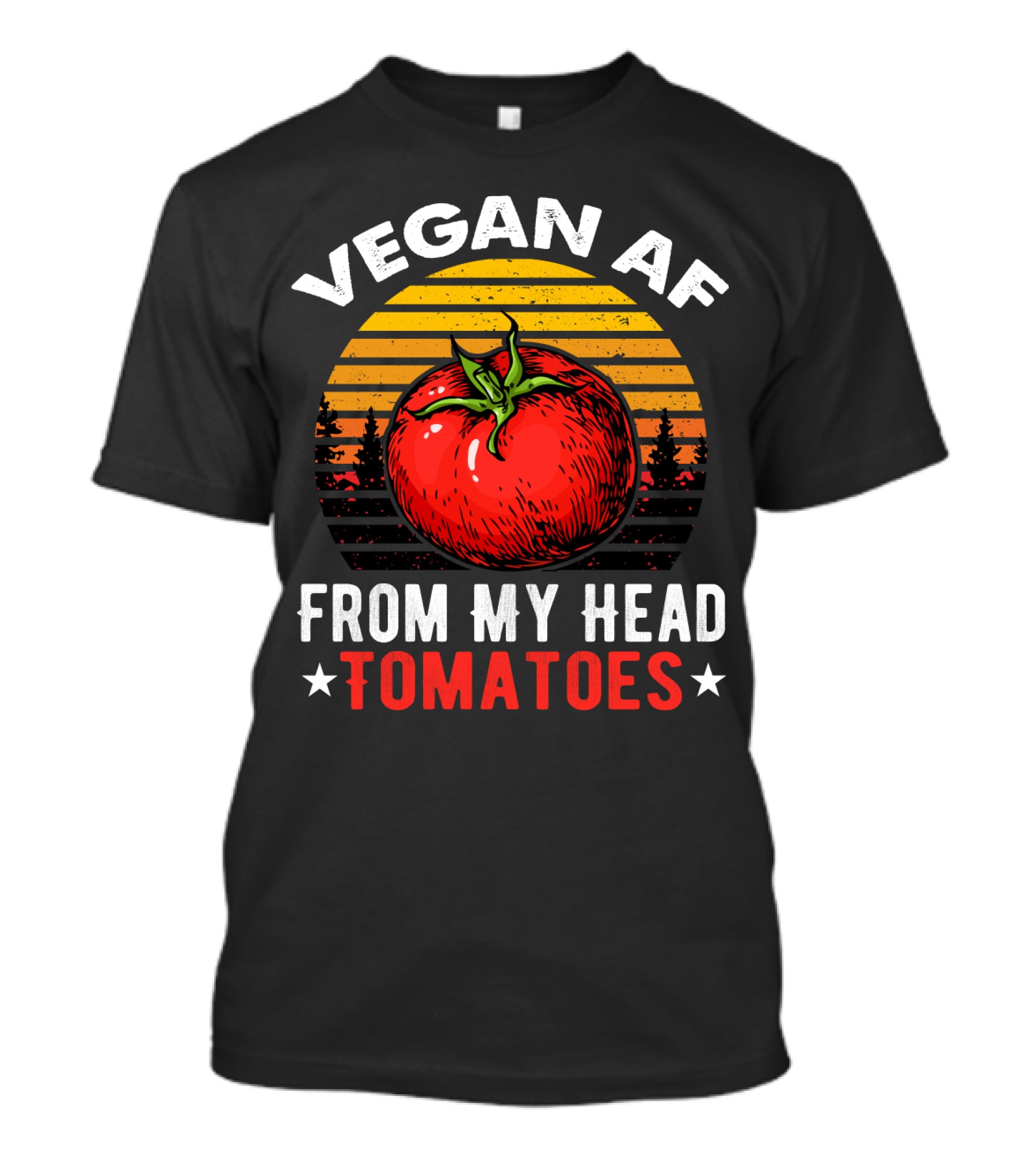 VEGAN AF FROM MY HEAD TOMATOES Retro Sunset Tomato Veggie Joke T-Shirt