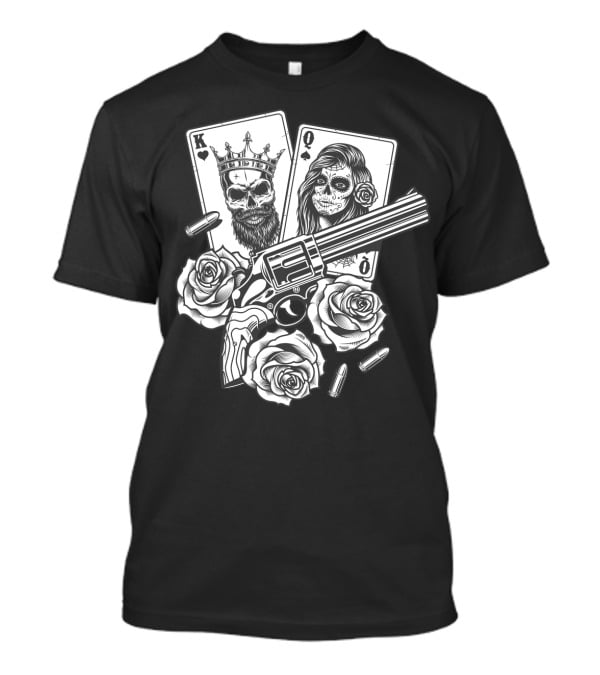 Hippie V Dead Rainbow Bertha Tie Dye King Queen Playing Cards Skulls Gun Roses Bullets T-Shirt
