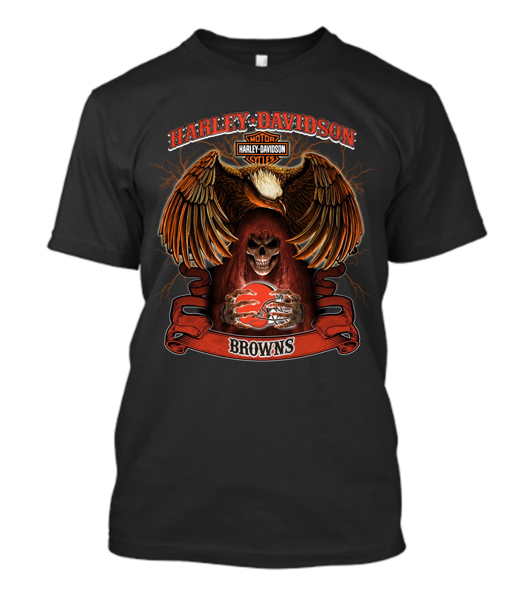 Harley Davidson Motor Cycles Eagle Skull Browns Football T-Shirt