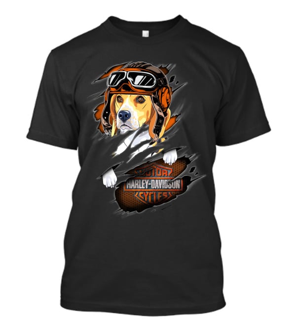 Beagle Wearing Aviator Helmet With Harley Davidson Cycles T-Shirt