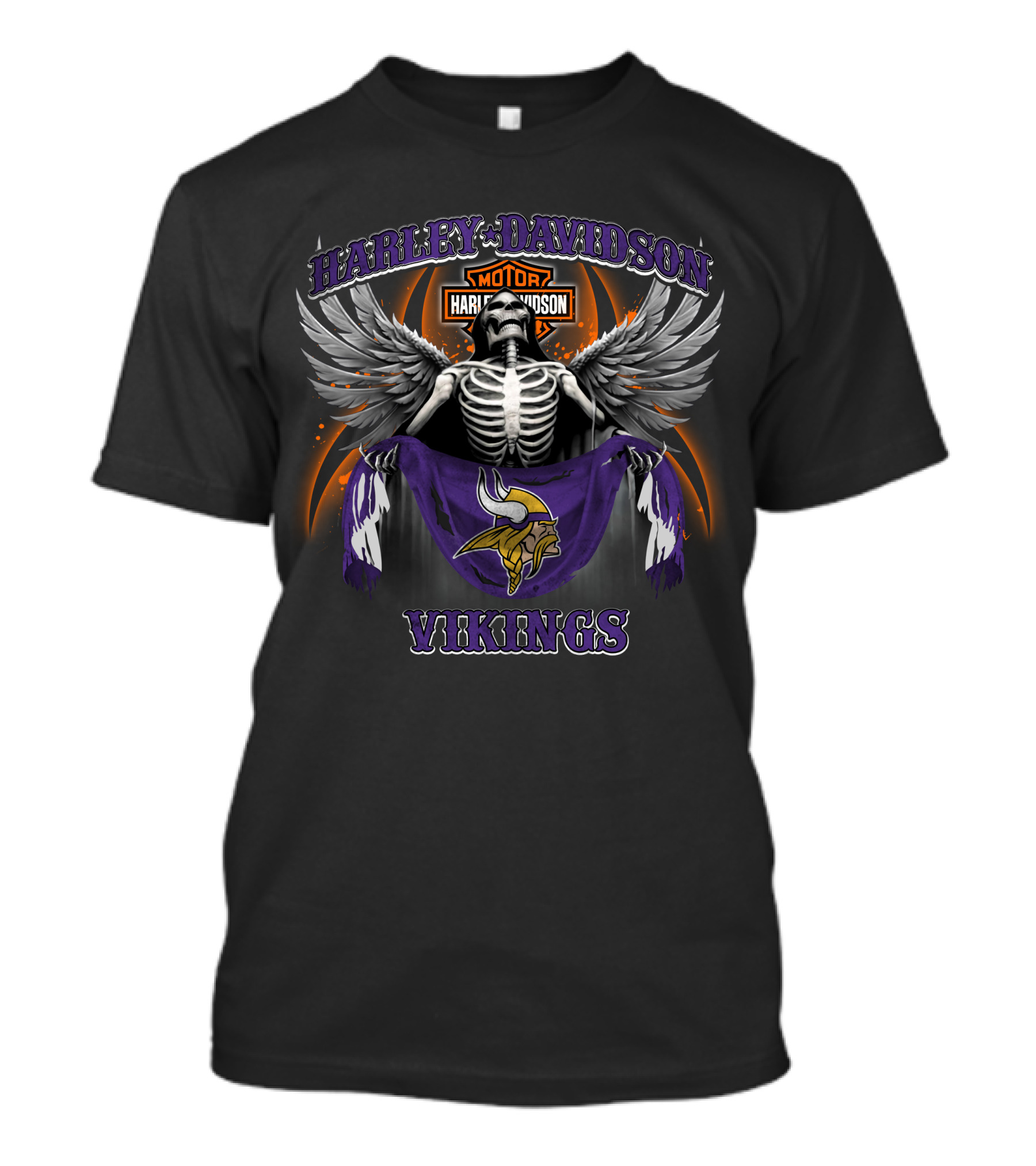 Harley Davidson Minnesota Vikings Skeleton Wings Motorcycle And Nfl Fan T-Shirt
