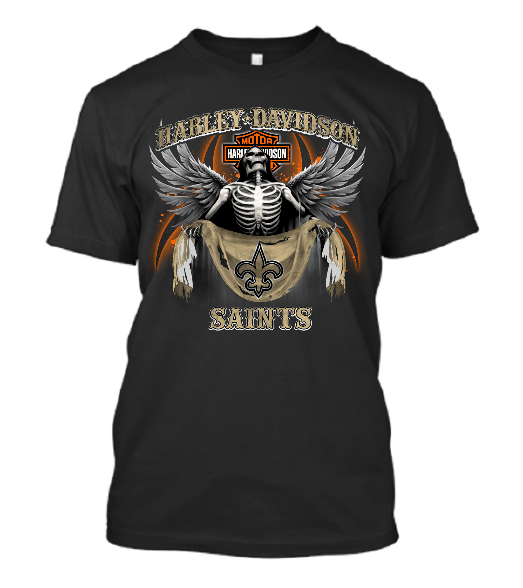 Harley Davidson Motor New Orleans Saints Skeleton Wings Fleur-De-Lis T-Shirt