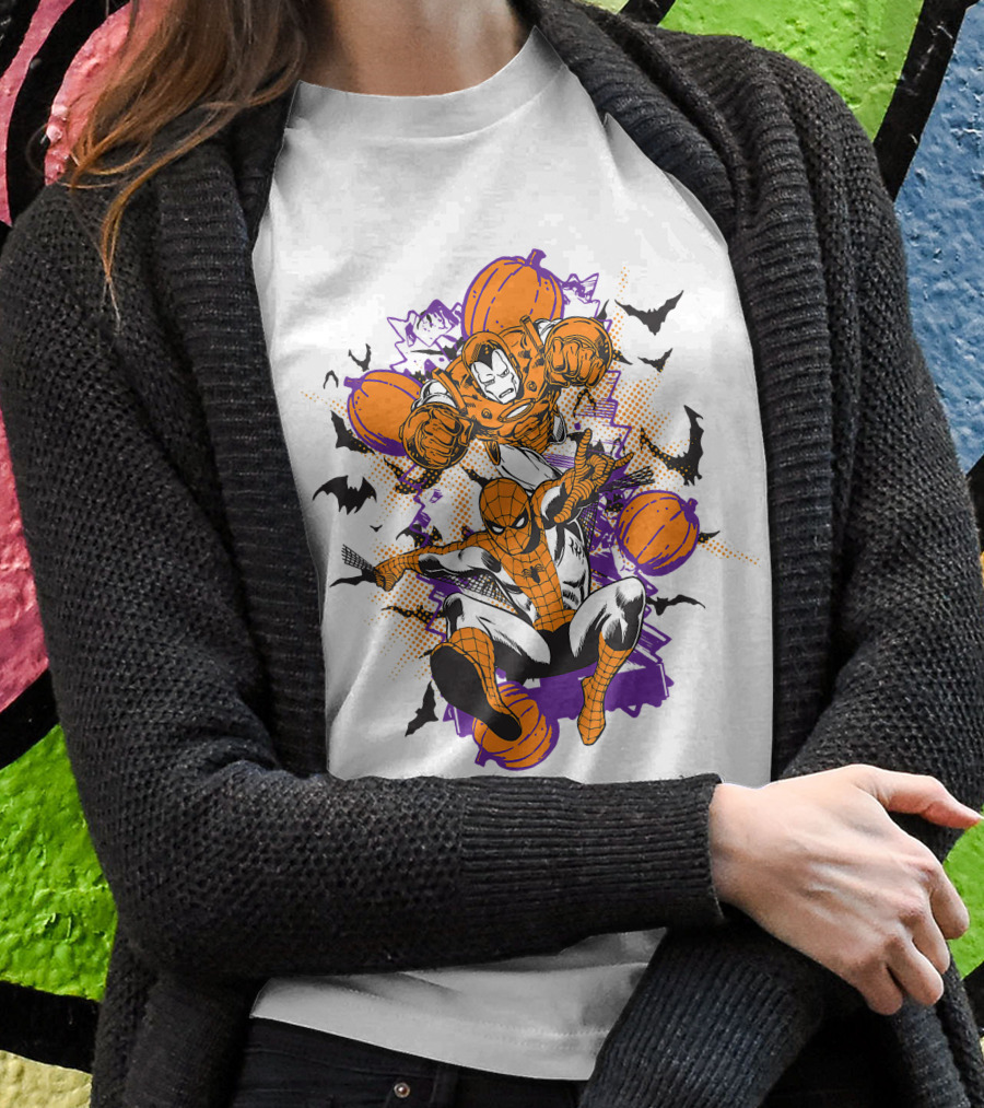 Marvel Spider Man And Iron Man Halloween Pumpkins And Bats T-Shirt