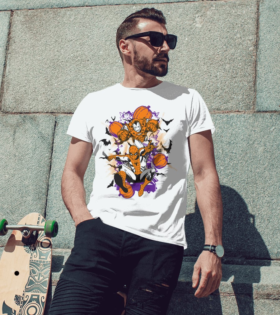 Marvel Spider Man And Iron Man Halloween Pumpkins And Bats T-Shirt