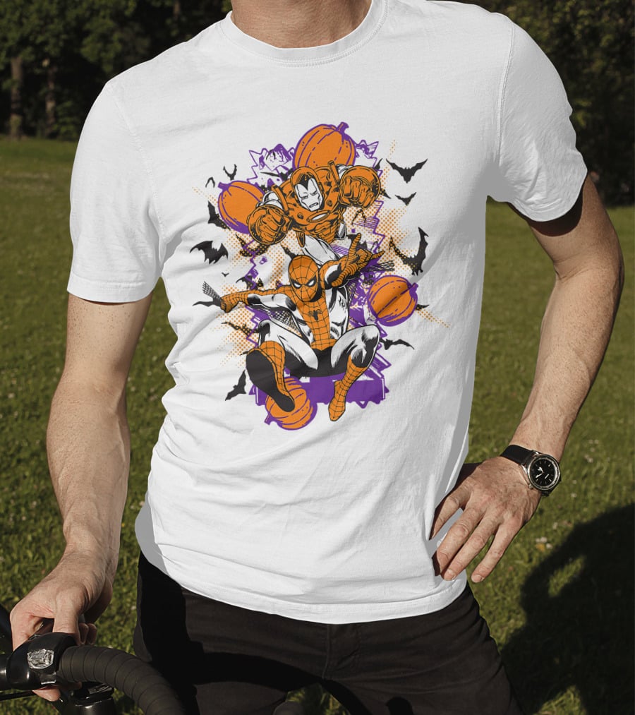 Marvel Spider Man And Iron Man Halloween Pumpkins And Bats T-Shirt