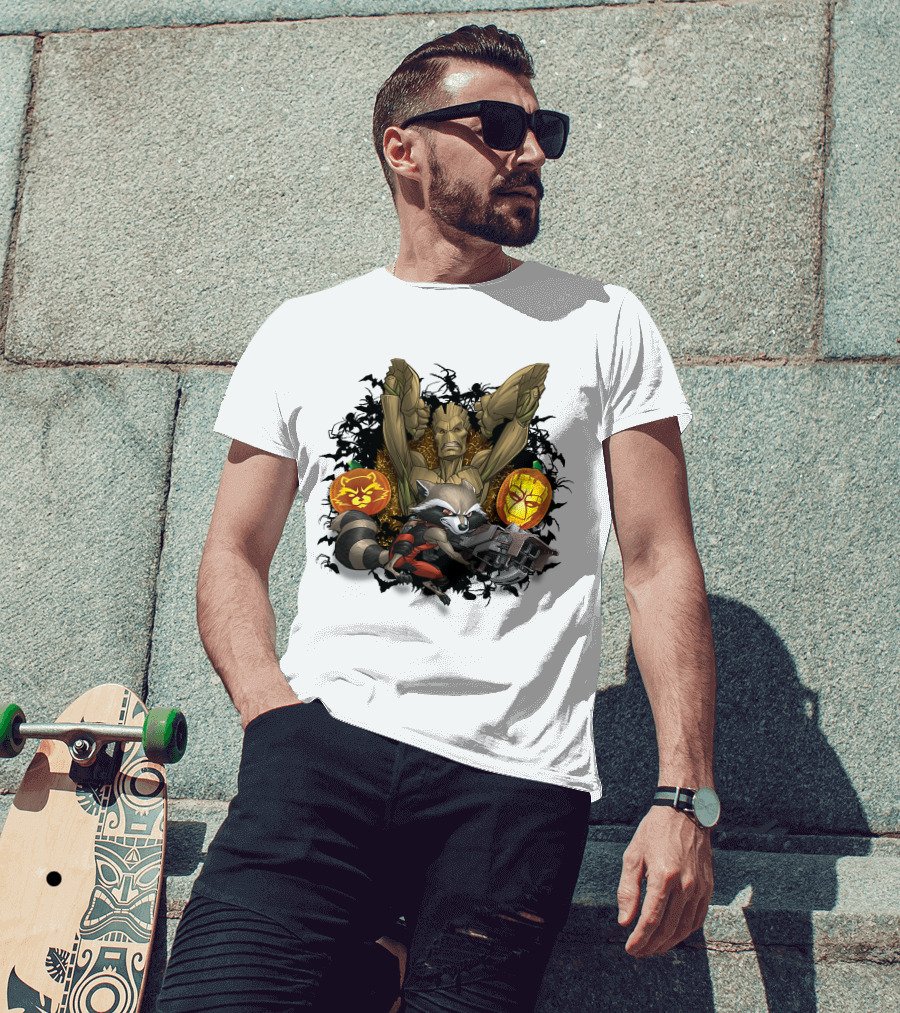 Groot And Rocket Raccoon Halloween Jack O' Lantern Duo T-Shirt
