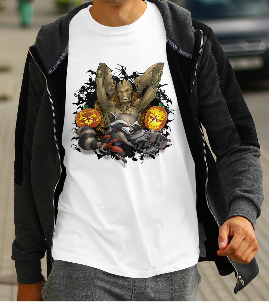 Groot And Rocket Raccoon Halloween Jack O' Lantern Duo T-Shirt