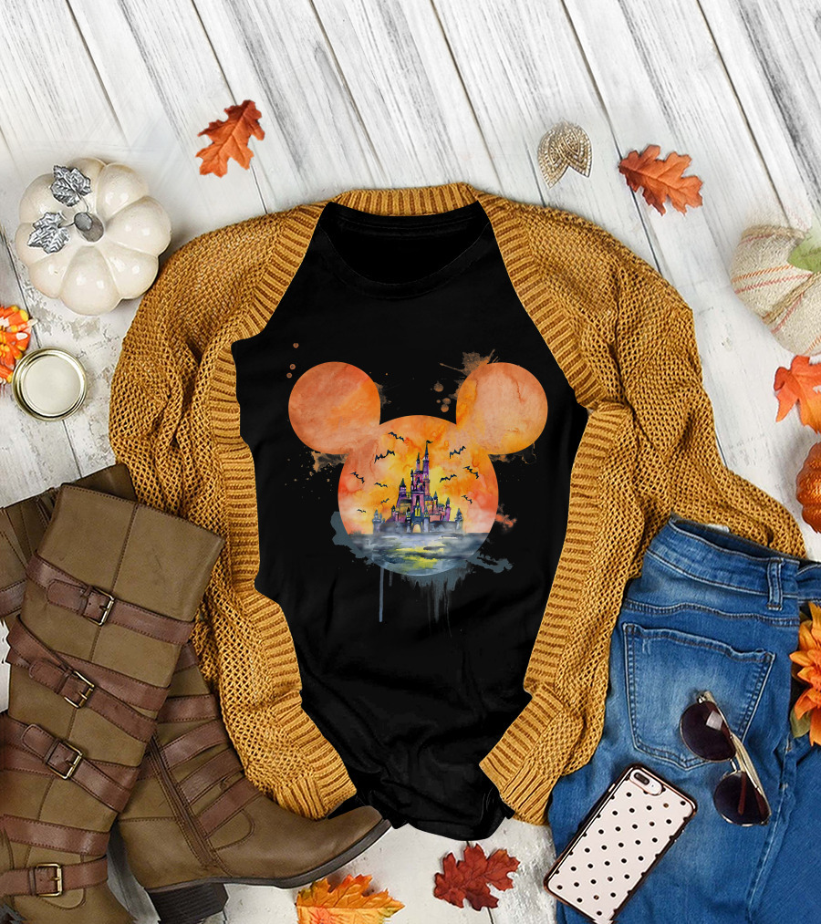 Mickey Ears Halloween Castle With Bats T-Shirt