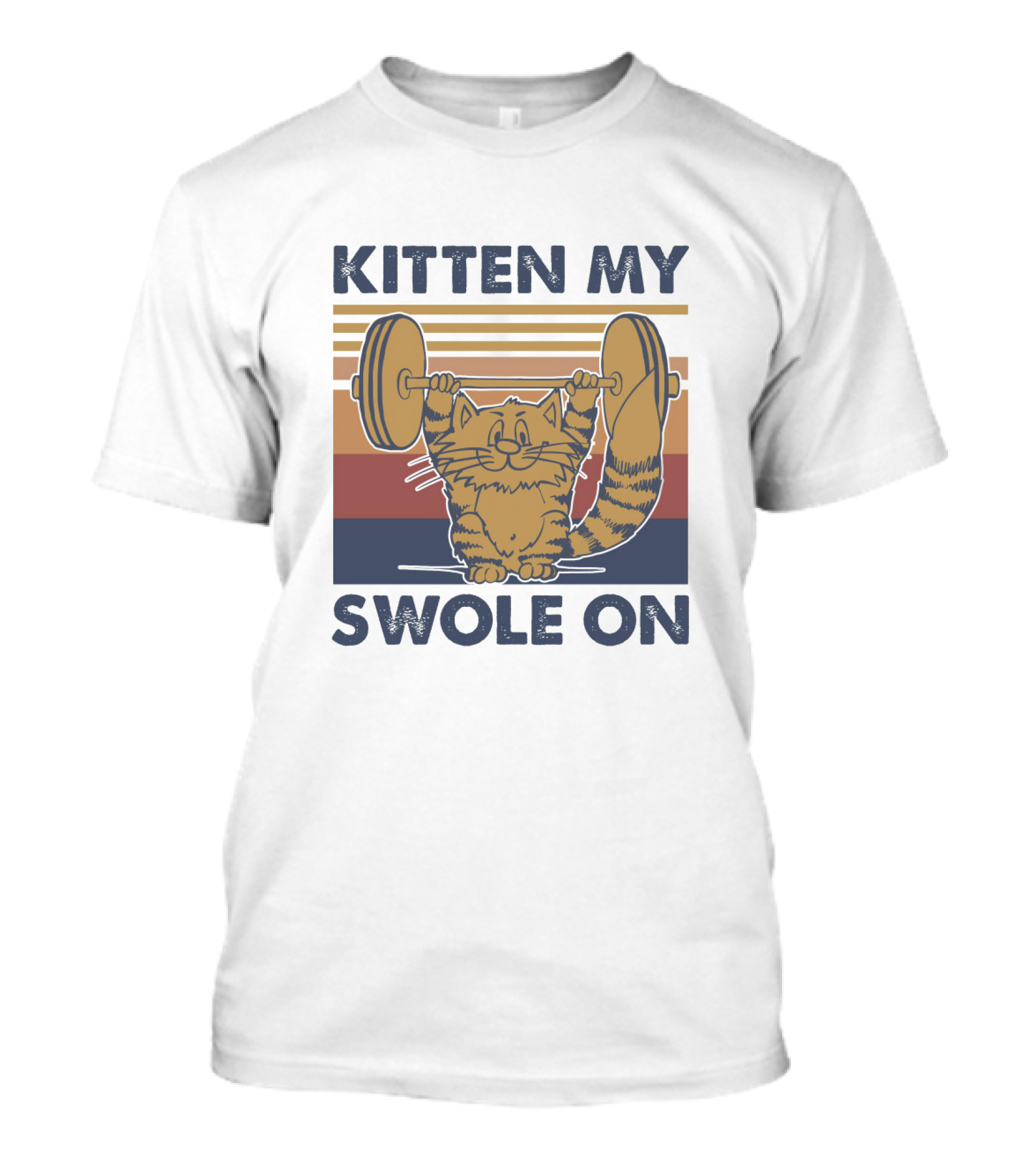 KITTEN MY SWOLE ON Cat Weightlifting Retro Stripes T-Shirt