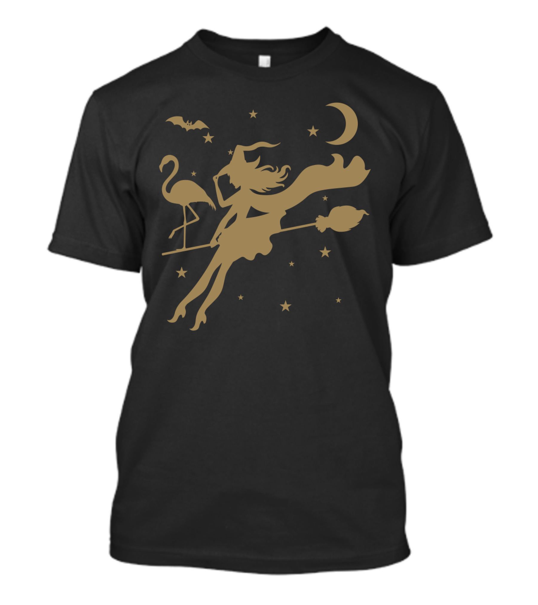 Halloween Witch Flying On A Broomstick With Flamingo Under Moon And Stars T-Shirt