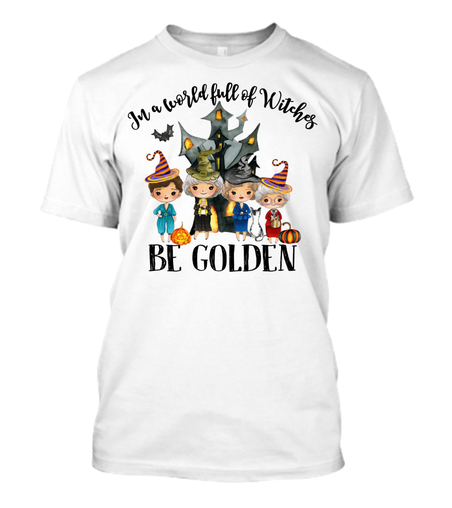 In A World Full Of Witches Be Golden Funny Halloween Girls House Cat Pumpkins T-Shirt