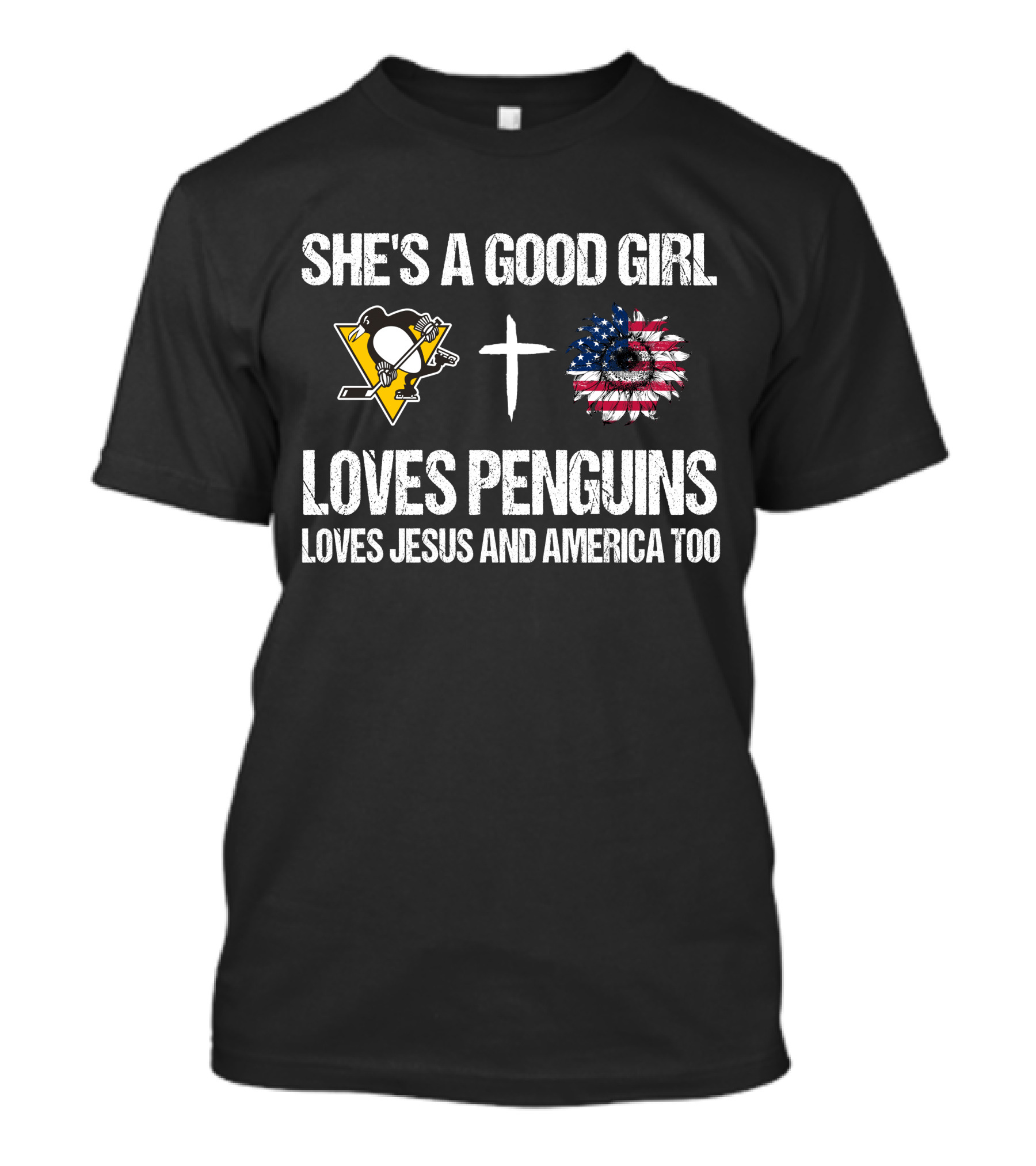 She's A Good Girl Penguins Logo Cross American Flag Loves Penguins Loves Jesus And America Too T-Shirt