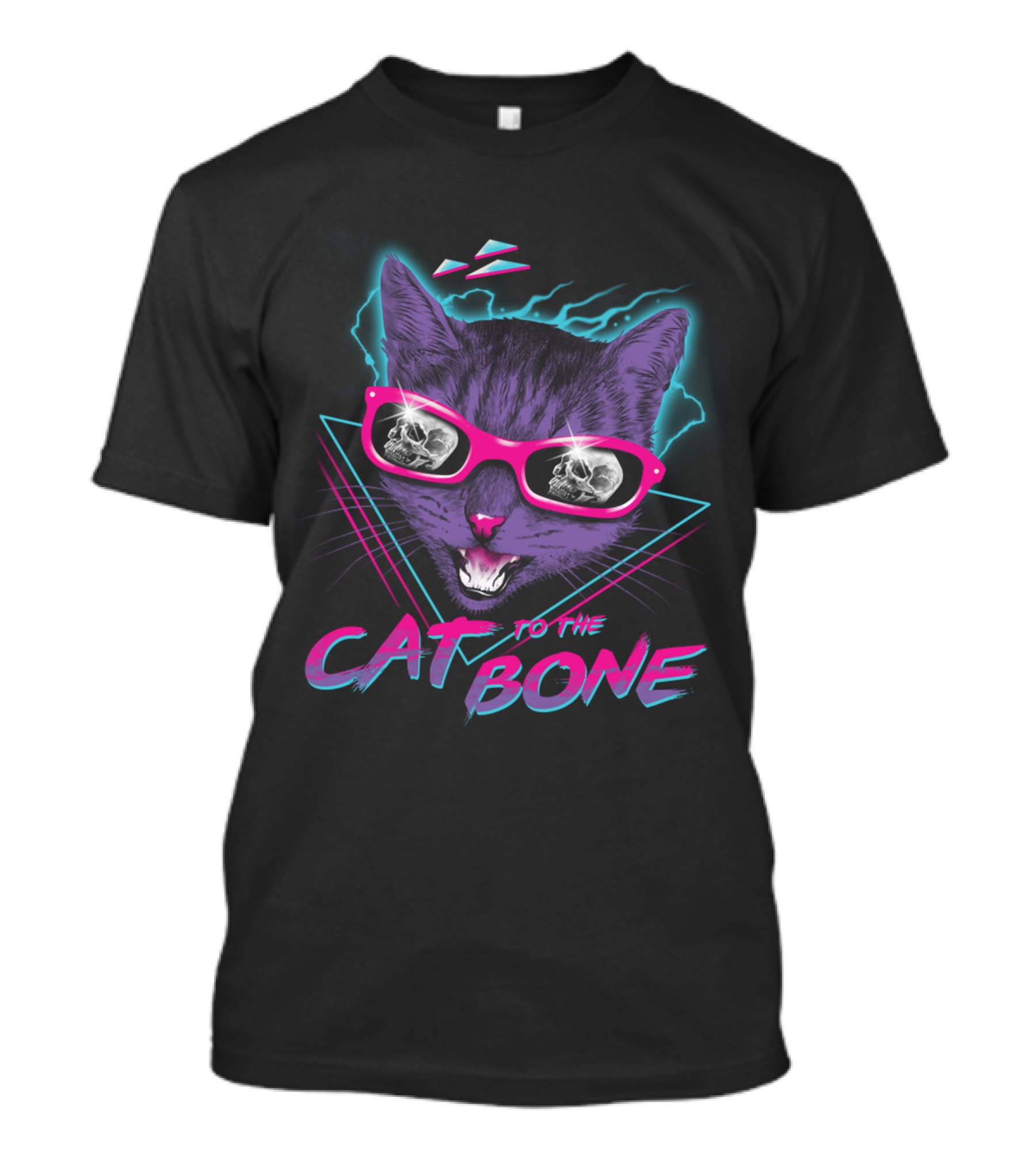 CAT TO THE BONE Retro Neon Cool Cat In Sunglasses With Skull Reflections T-Shirt