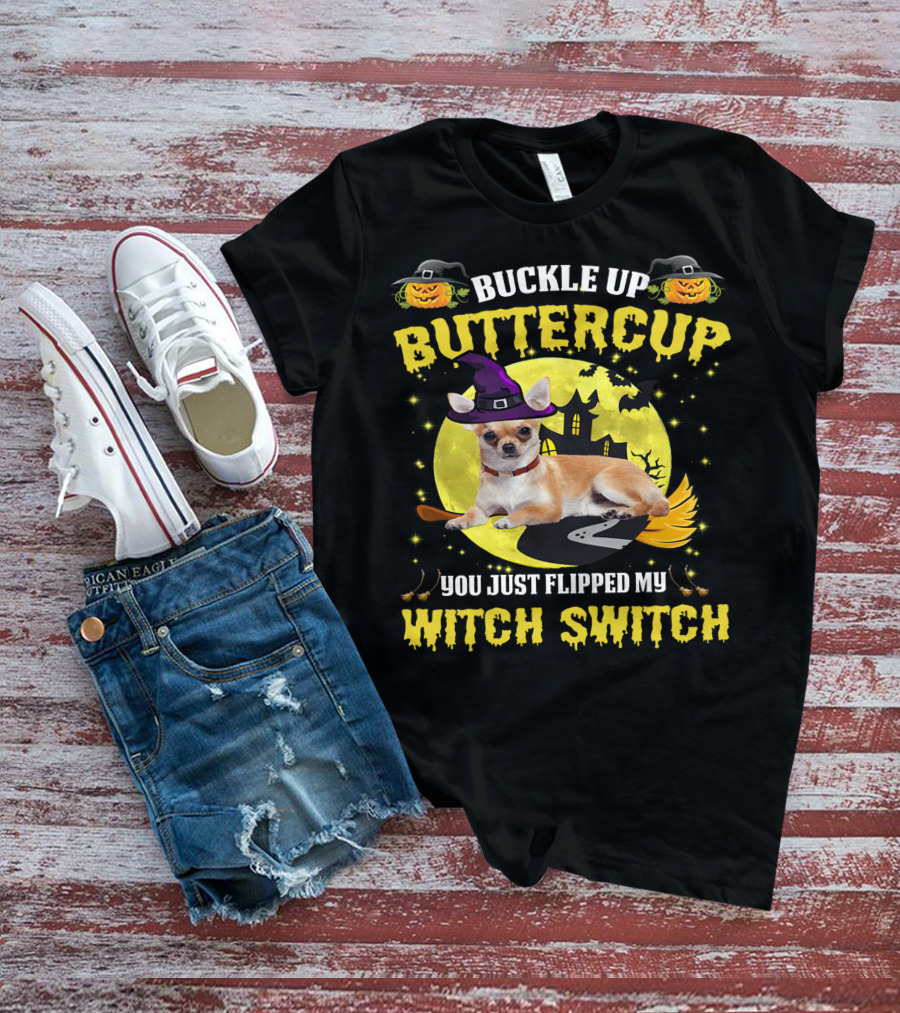 Buttercup Witch Switch Halloween Chihuahua Broomstick Moon Bats T-Shirt