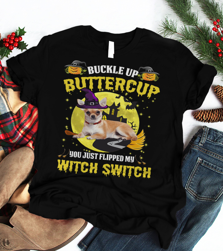 Buttercup Witch Switch Halloween Chihuahua Broomstick Moon Bats T-Shirt