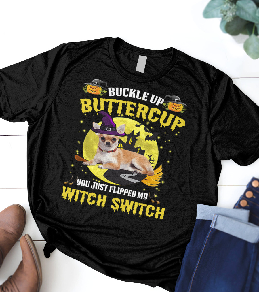 Buttercup Witch Switch Halloween Chihuahua Broomstick Moon Bats T-Shirt