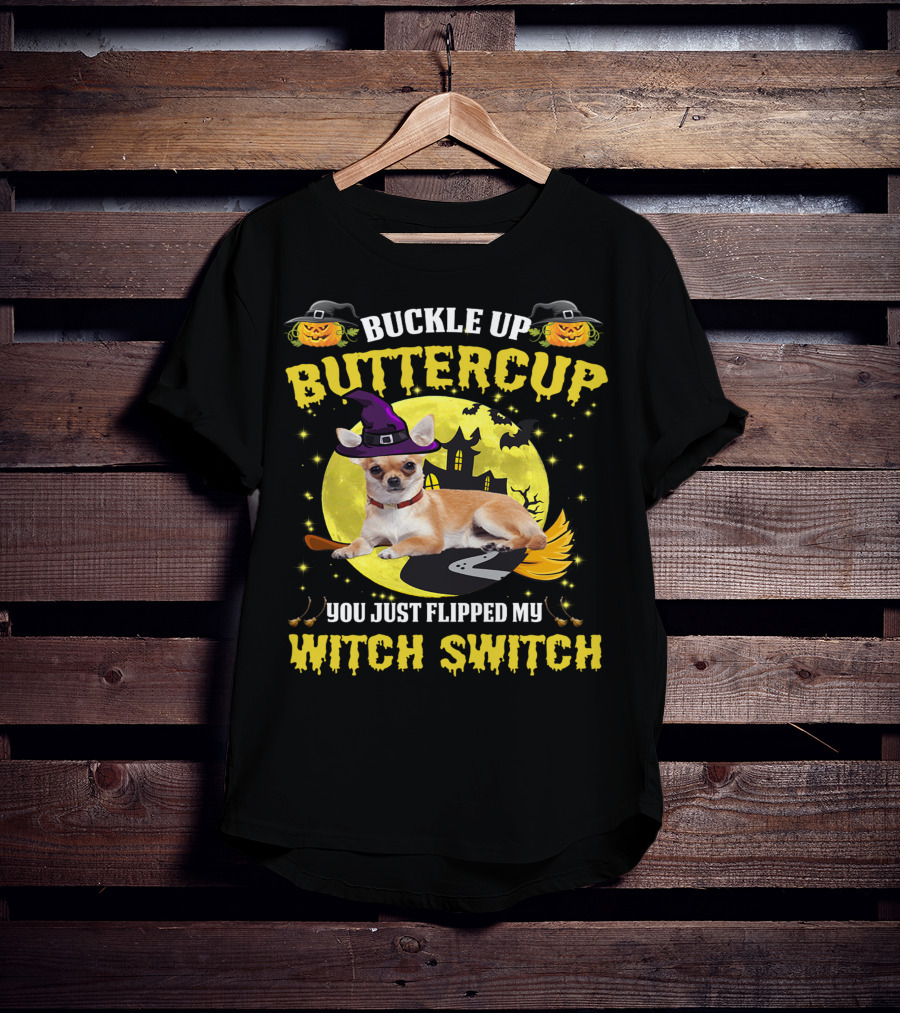 Buttercup Witch Switch Halloween Chihuahua Broomstick Moon Bats T-Shirt