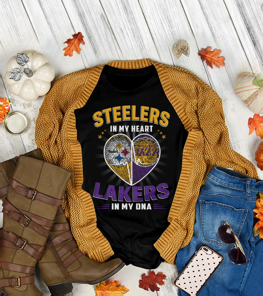 Steelers In My Heart Lakers In My Dna Fingerprint Heart T-Shirt