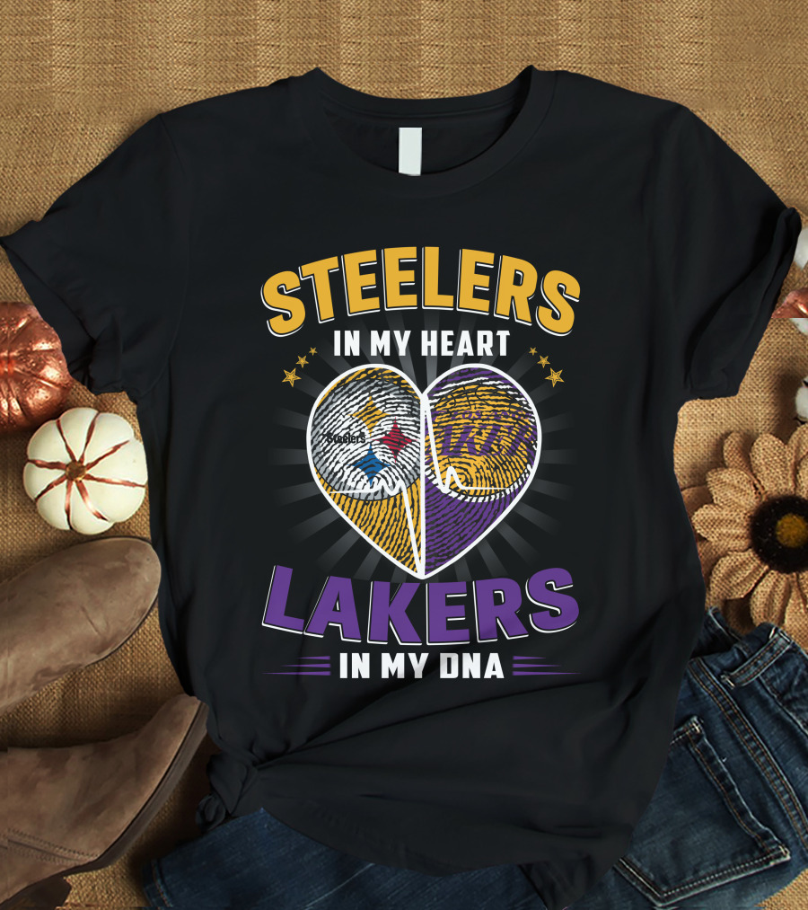 Steelers In My Heart Lakers In My Dna Fingerprint Heart T-Shirt