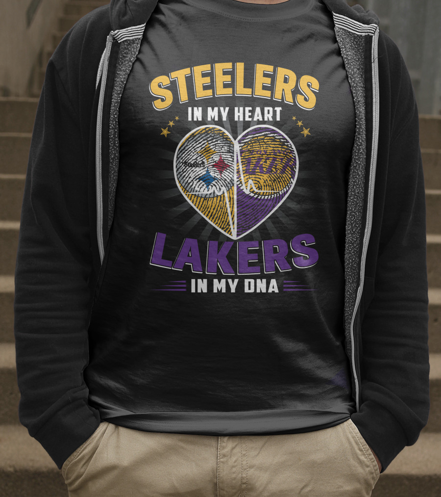 Steelers In My Heart Lakers In My Dna Fingerprint Heart T-Shirt