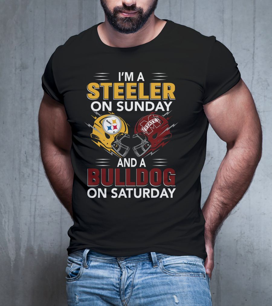 I'm A Steeler On Sunday And A Bulldog On Saturday Football Helmet Design With Team Logos T-Shirt