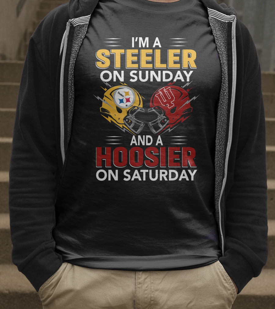 I'm A Steeler On Sunday And A Hoosier On Saturday Football Helmets Collide T-Shirt