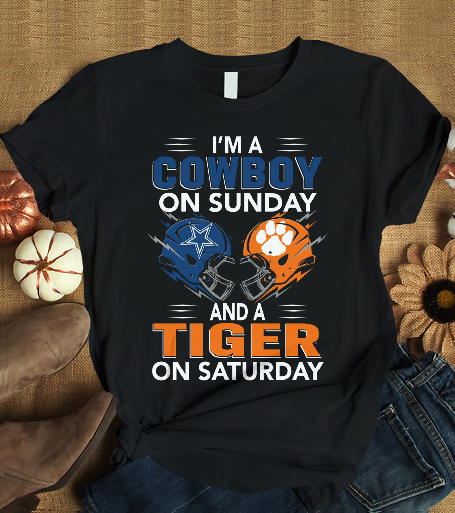 I'm A Cowboy On Sunday And A Tiger On Saturday Football Helmets Rivalry T-Shirt