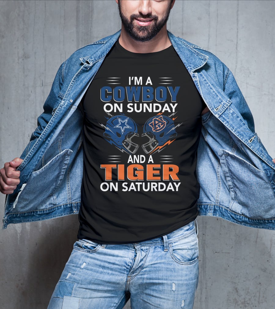 I'm A Cowboy On Sunday And A Tiger On Saturday Dallas Football Auburn Foam Helmets Fan Spirit T-Shirt