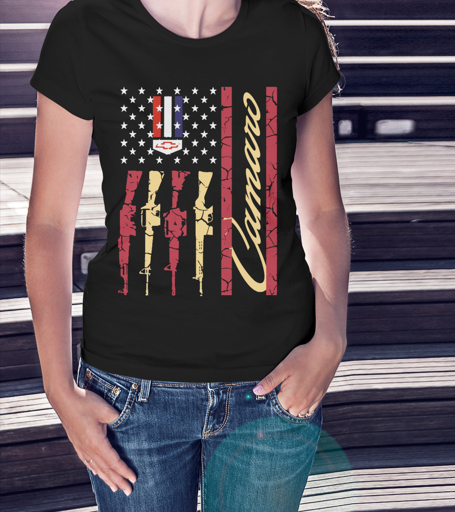 Camaro Chevrolet Logo Stars And Stripes With Rifle T-Shirt