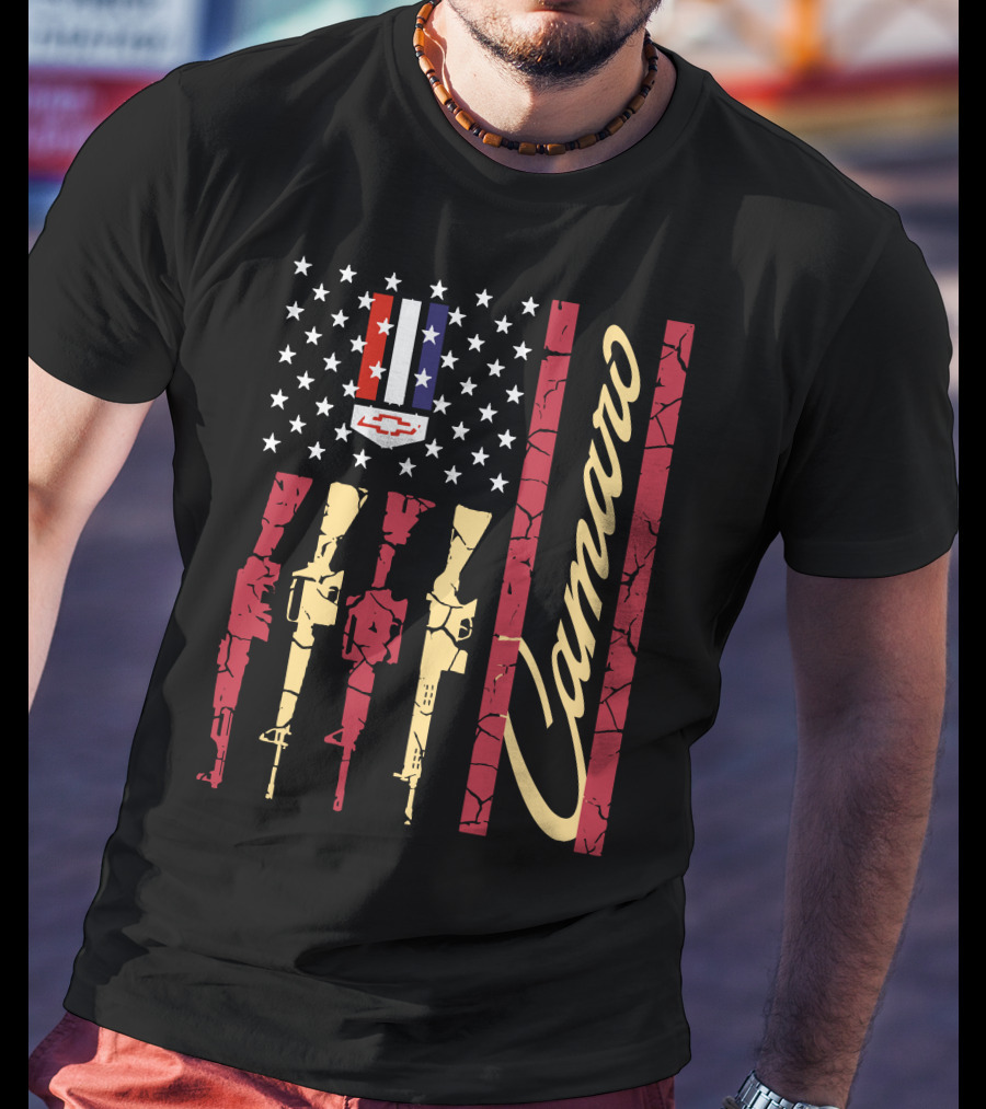 Camaro Chevrolet Logo Stars And Stripes With Rifle T-Shirt