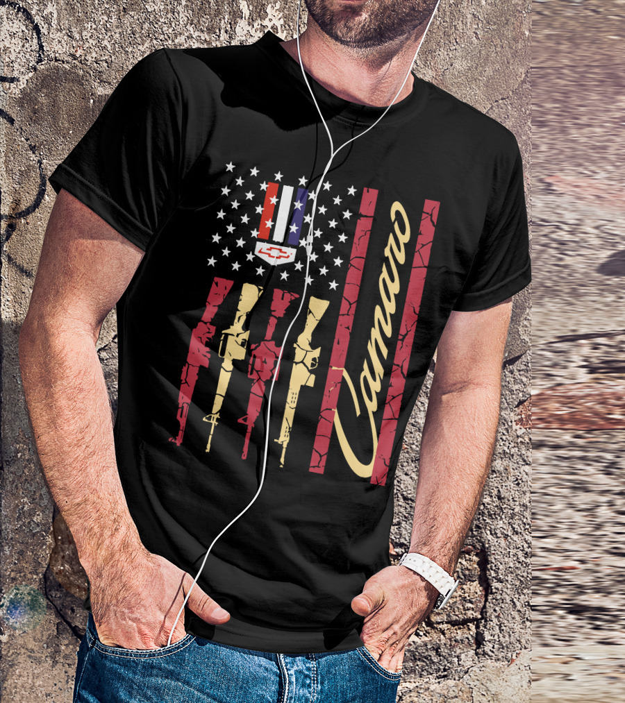 Camaro Chevrolet Logo Stars And Stripes With Rifle T-Shirt