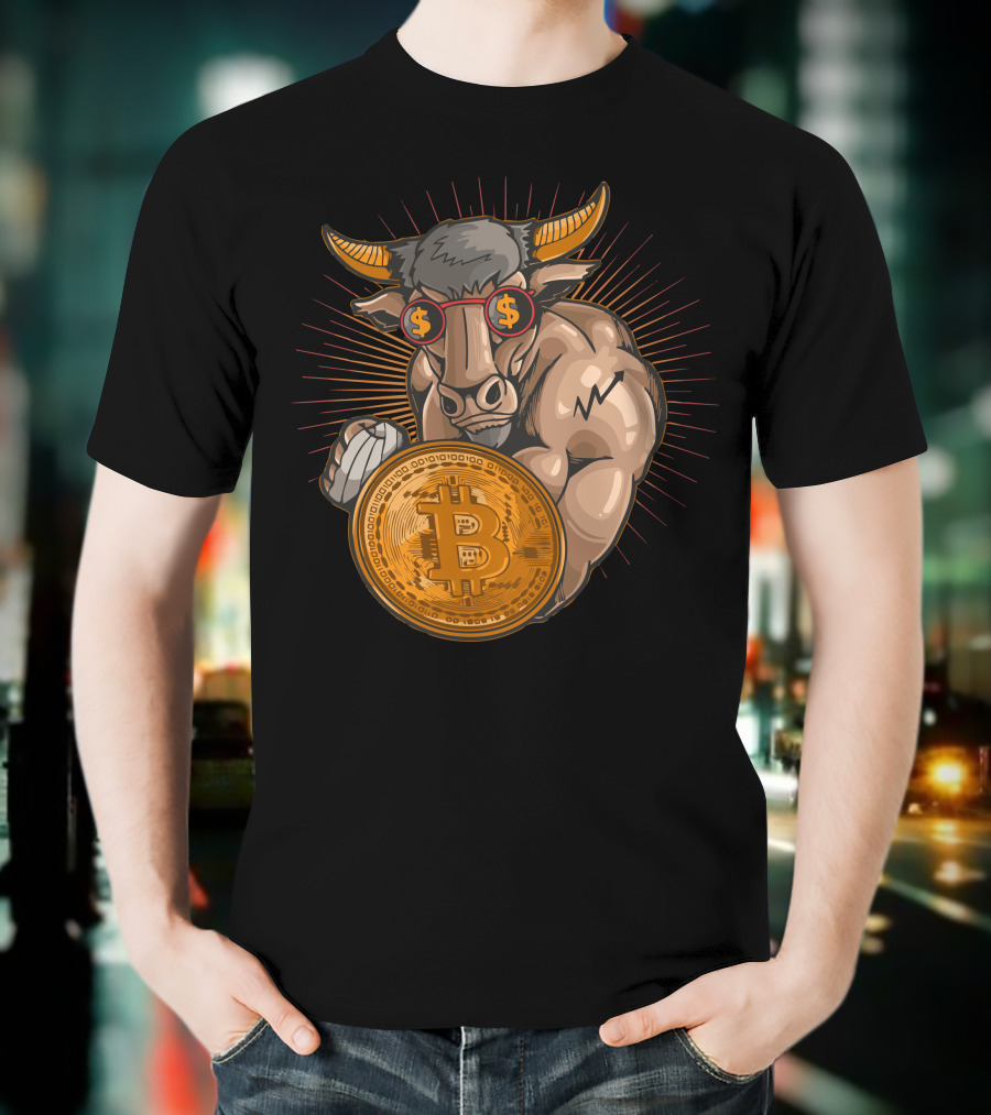 Bull With Bitcoin Shield And Dollar Sign Glasses T-Shirt