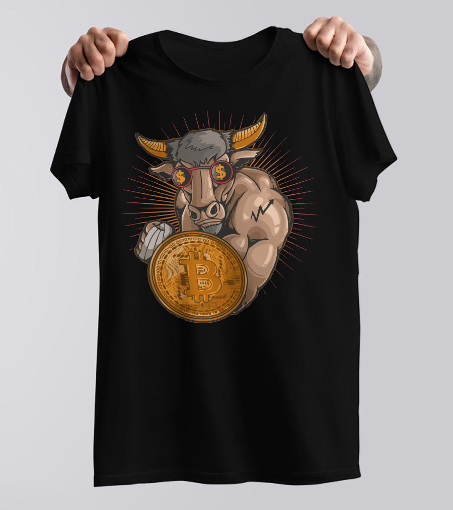 Bull With Bitcoin Shield And Dollar Sign Glasses T-Shirt