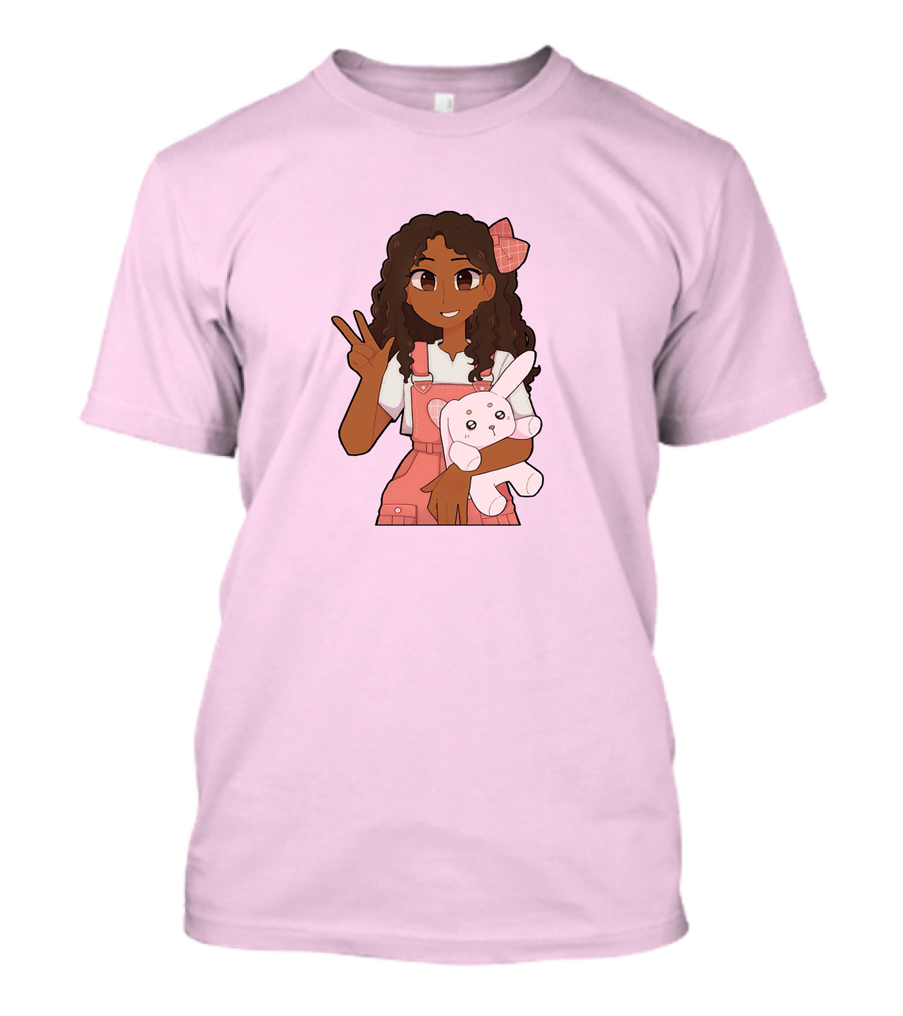 Akeila Merch Anime Style Character With Pink Overalls And Stuffed Bunny T-Shirt