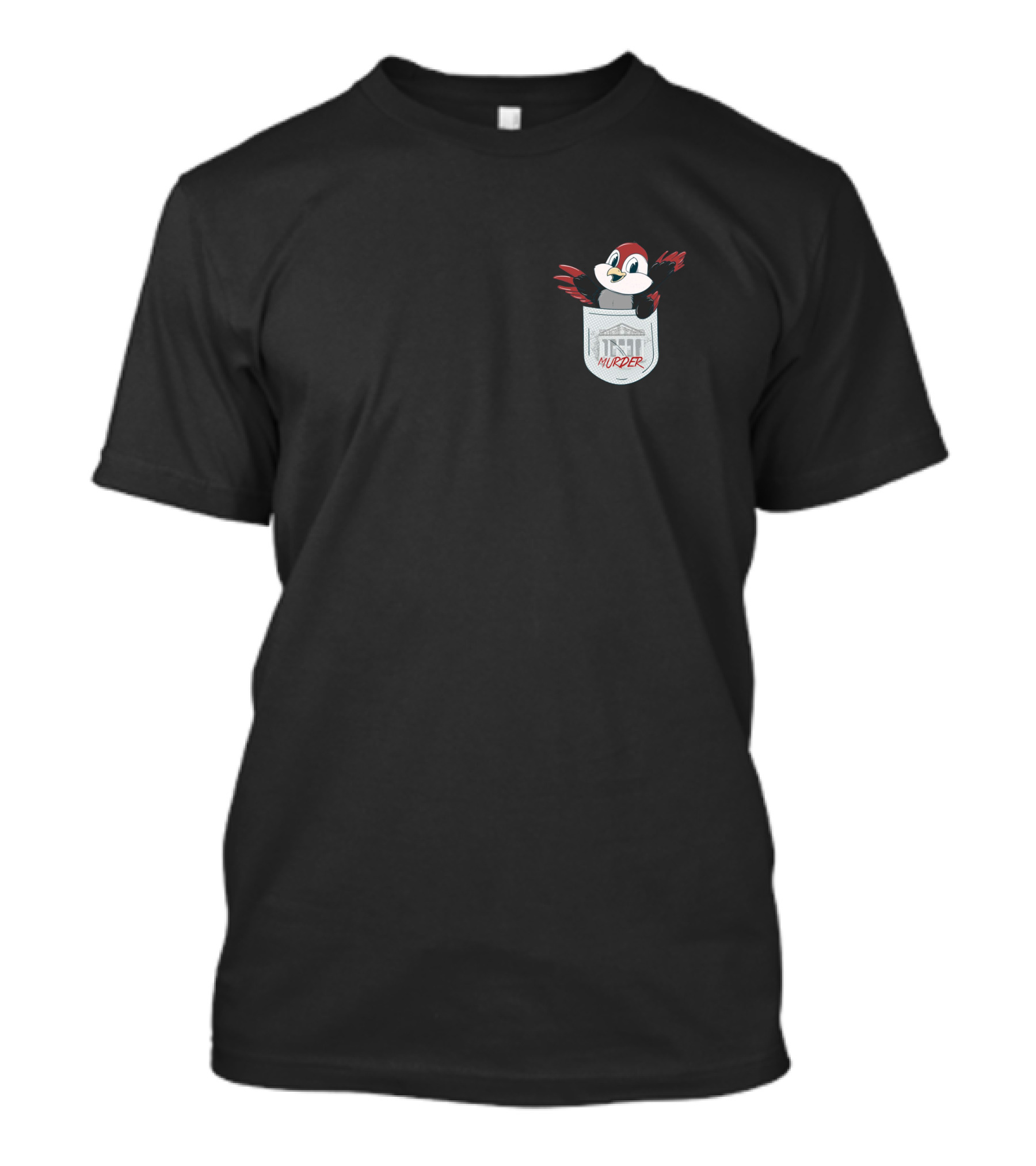 Pocket Robin Cartoon With Murder Text And Small Town House T-Shirt