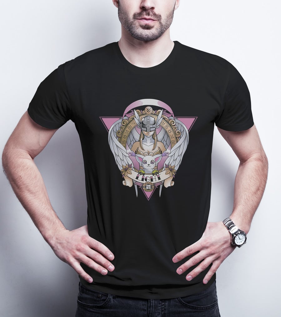 Angewomon Digimon Light Angel Wings Sacred Geometry Design Fight Banner T-Shirt