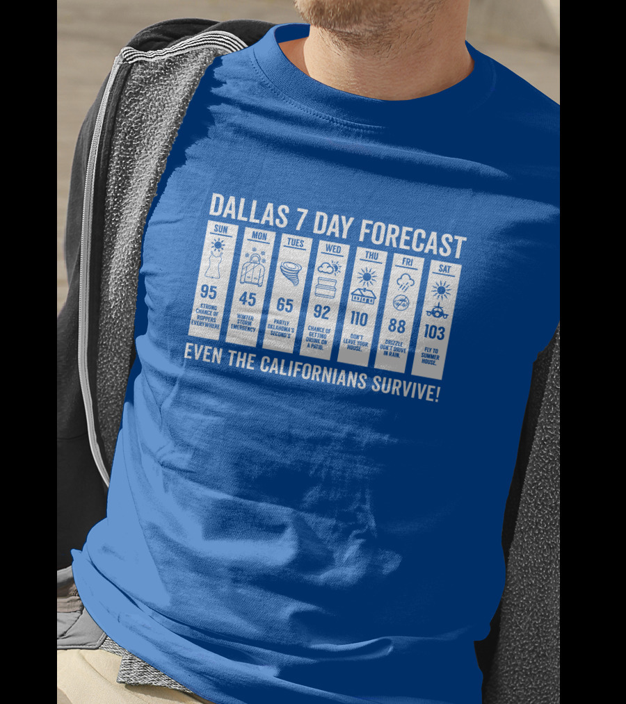 Dallas 7 Day Forecast Weather Parody Even The Californians Survive Bullzerk Merch T-Shirt
