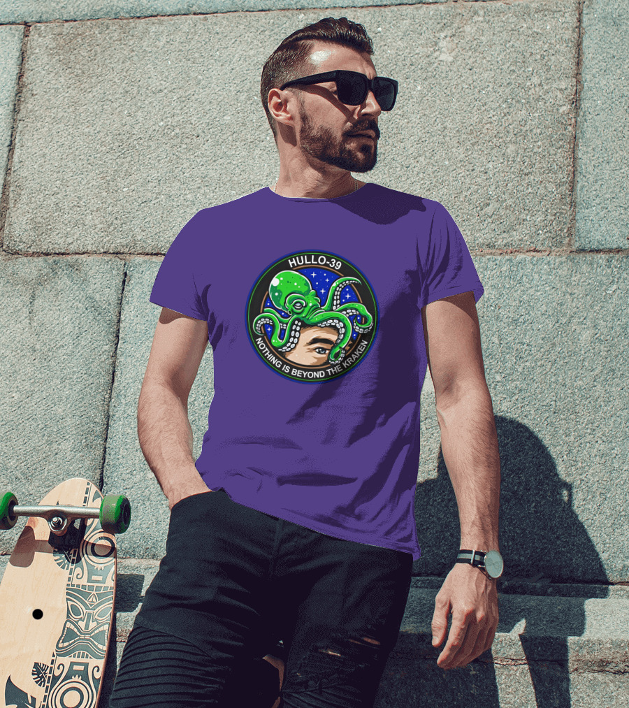 Hullo-39 Nothing Is Beyond The Kraken Green Octopus Starry Sky Badge T-Shirt