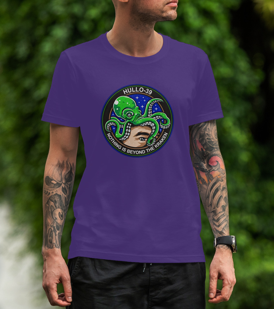 Hullo-39 Nothing Is Beyond The Kraken Green Octopus Starry Sky Badge T-Shirt
