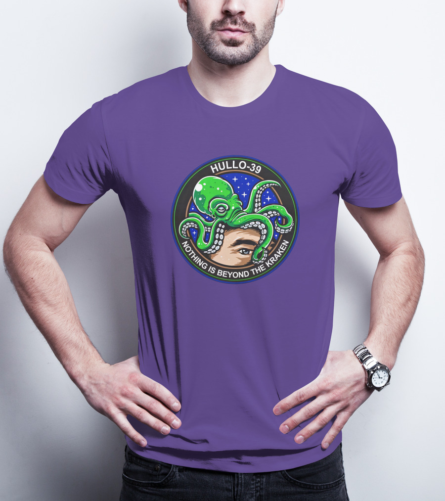 Hullo-39 Nothing Is Beyond The Kraken Green Octopus Starry Sky Badge T-Shirt