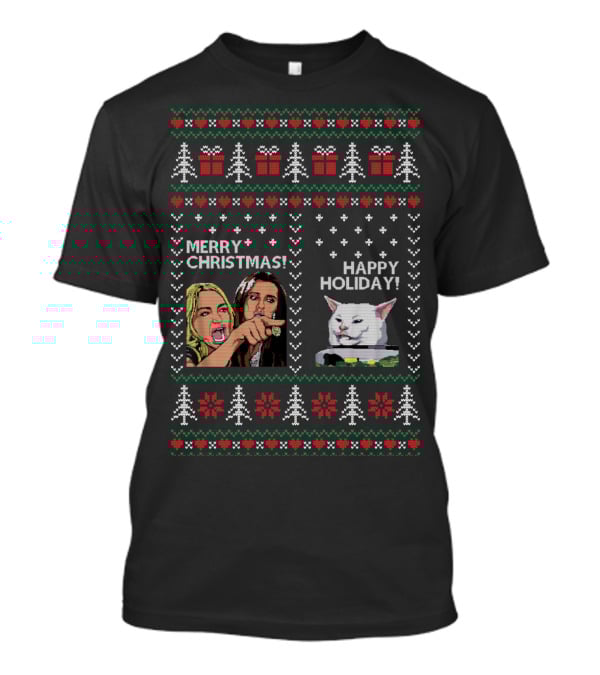 Merry Christmas Happy Holiday Woman Yelling Confused Cat Meme Christmas Trees Gifts Snowflakes T-Shirt
