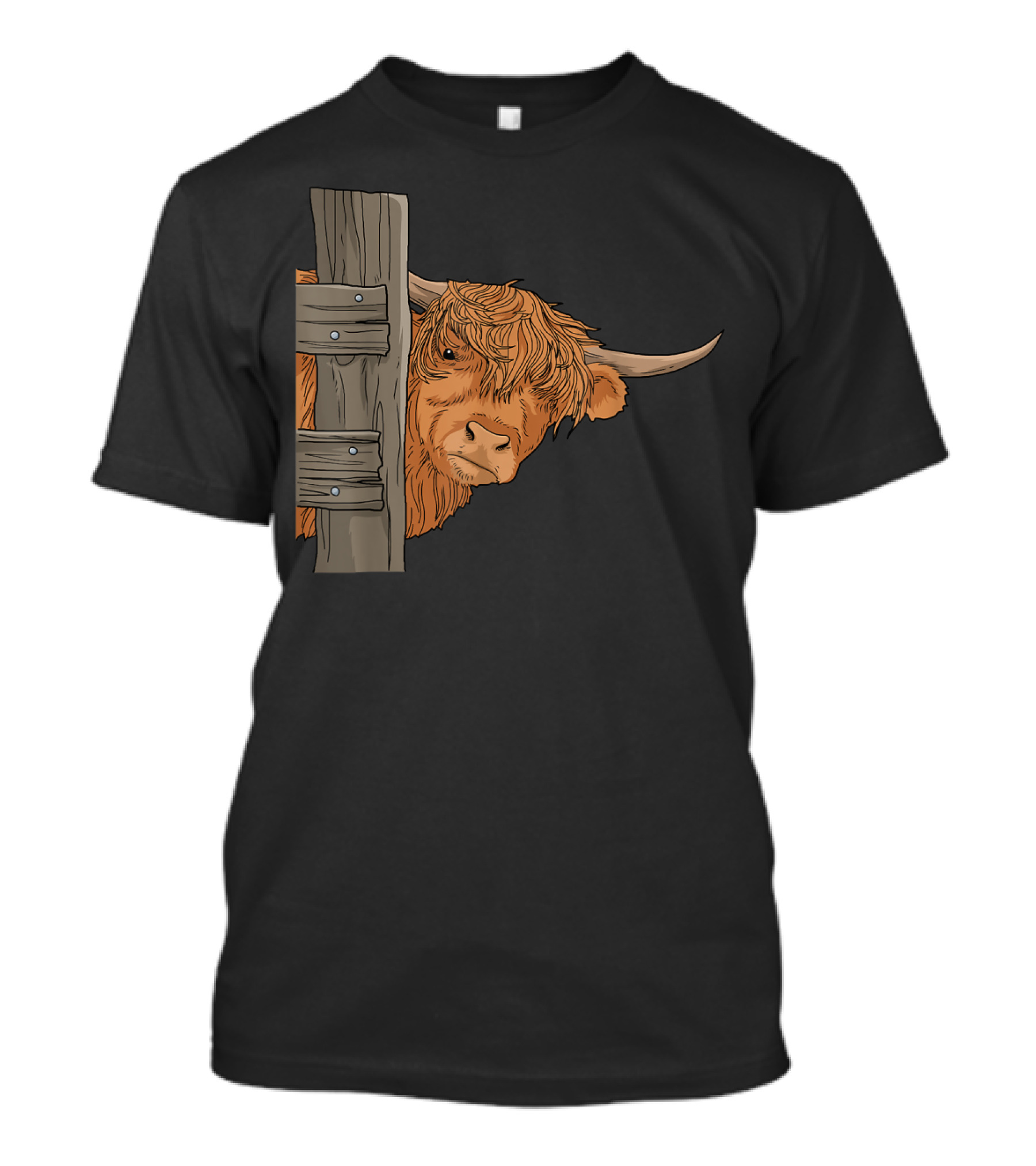 Scottish Highland Cow Spirit Animal Peeking Behind Wooden Fence T-Shirt
