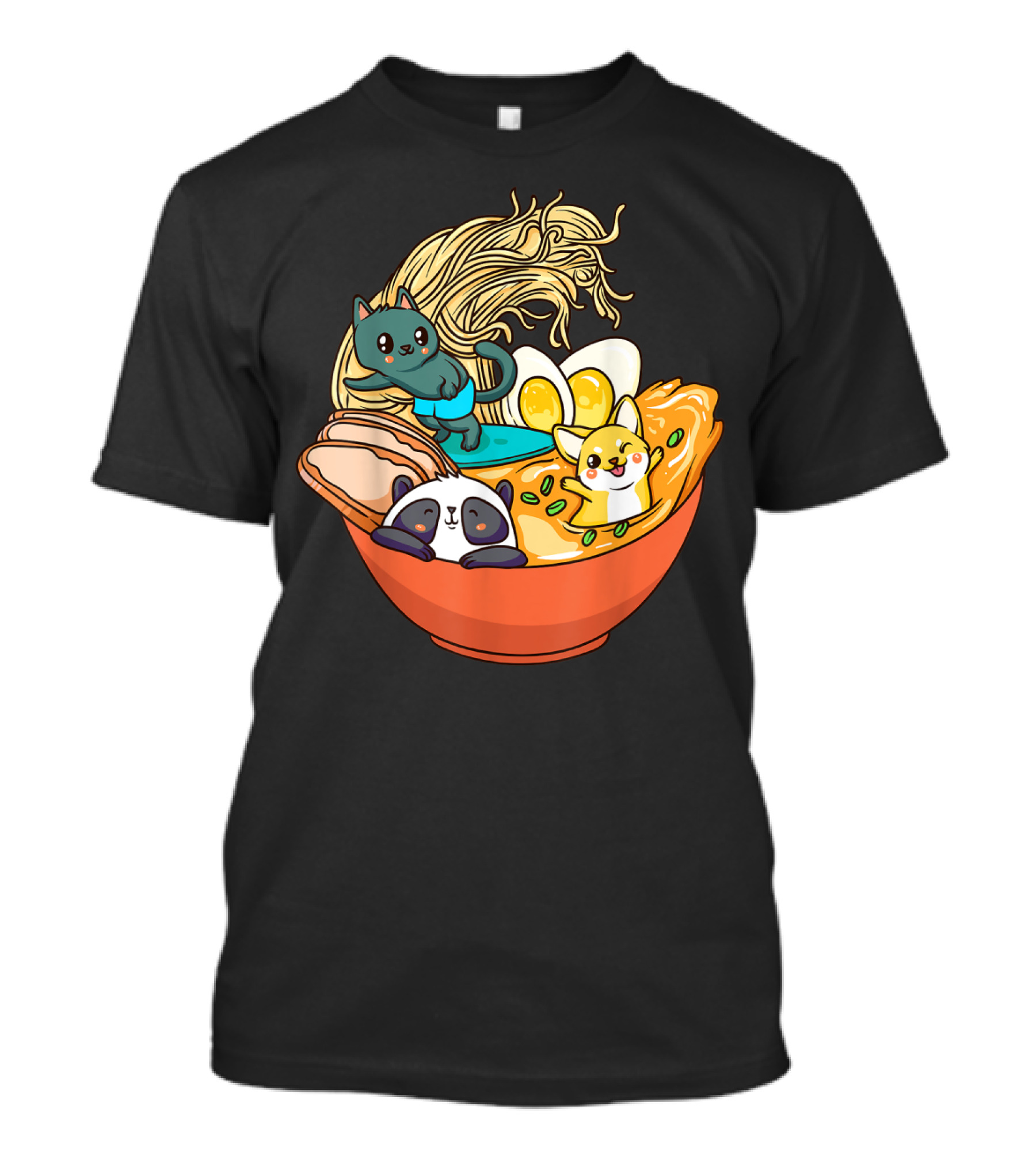 Kawaii Cat Panda Dog Anime Noodle Bowl With Egg And Ramen T-Shirt