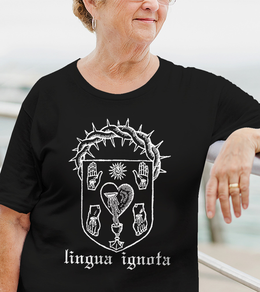 Lingua Ignota Evil Greed Five Wounds Crowned Heart Hands Sun Shield T-Shirt