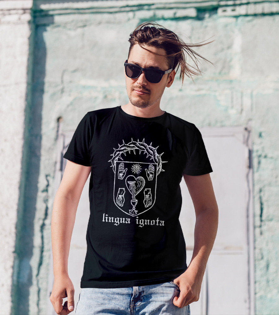 Lingua Ignota Evil Greed Five Wounds Crowned Heart Hands Sun Shield T-Shirt