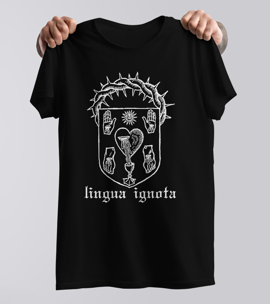 Lingua Ignota Evil Greed Five Wounds Crowned Heart Hands Sun Shield T-Shirt