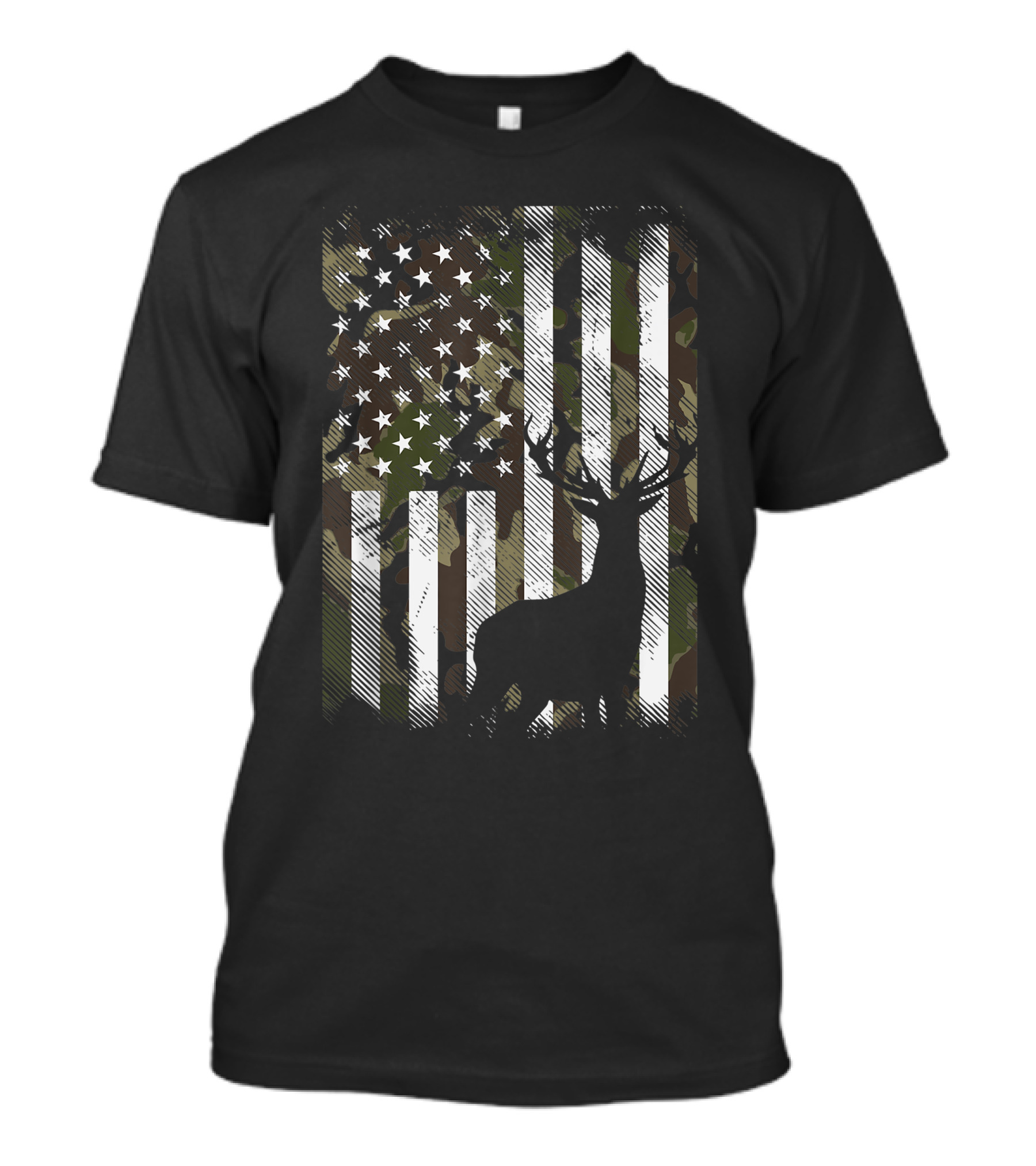 Camo American Flag With Deer Silhouette USA Hunting T-Shirt